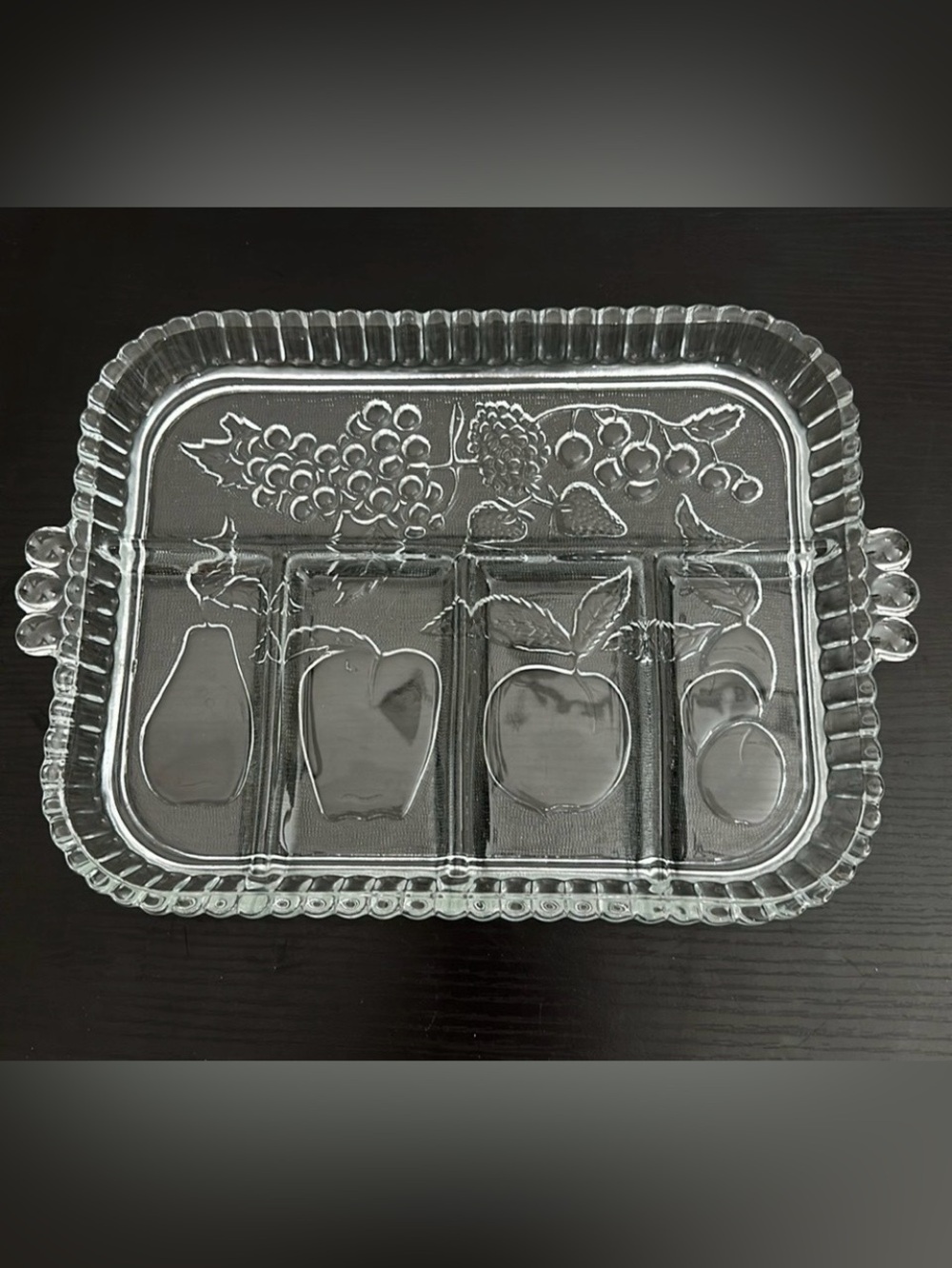 1960 Indiana Glass Co. Imperial Glass Fruit Embossed Divided Serving Tray Dish